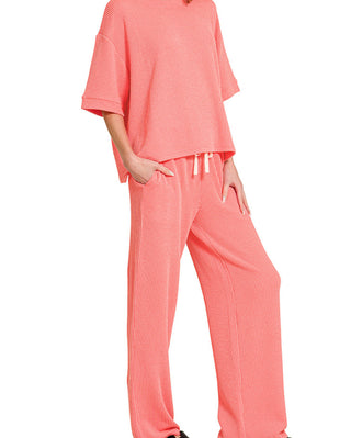 Zenana Ribbed Short Sleeve Tee & Pant Set Coral