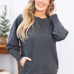 Zenana Pigment Dyed French Terry Pullover with Pockets Black