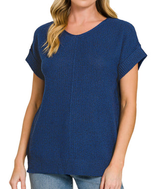 Zenana Center Seam Short Sleeve Sweater Light Navy
