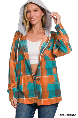 Zenana Plaid Fleece Shacket with Hood Teal/Orange