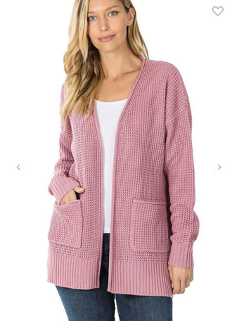 Zenana Waffle Open Cardigan Lt Rose