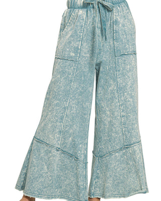 Zenana Exposed-Seam Flare Hem Pants with Pockets Ash Blue