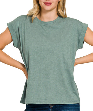 Zenana Folded Sleeve T-Shirt Heather Ash Jade