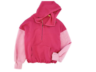 Bibi Color Block Elastic Hem Fleece Hoodie Fuchsia Multi
