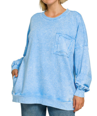 Zenana Halo Washed French Terry Exposed Seam Sweatshirt Sky Blue