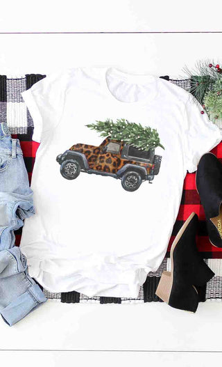 Kissed Apparel Leopard Jeep Christmas Tree T-Shirt White