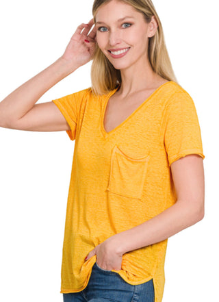 Zenana Washed Melange Burnout Scoop V-neck Top Yellow Gold