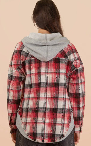 Very J Oversized Flannel Hooded Button Down Jacket Red
