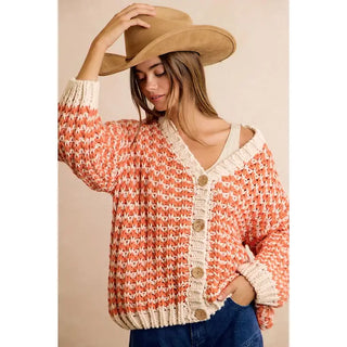 BiBi chunky cable knit Thanksgiving harvest cardigan in orange and ivory