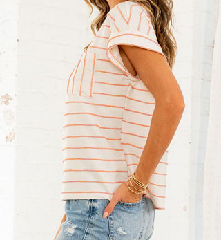 Sew In Love Short Sleeve Stripe Top Ivory Peach