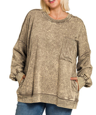 Zenana Acid Wash Raw Edge Front Pocket Pullover Mocha