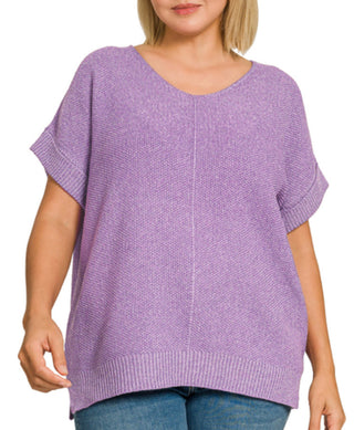 Zenana Center Seam Short Sleeve Sweater Lavender