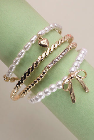 Josslyn Bow Pearl Rhinestone Bar Stretch Bangle Set