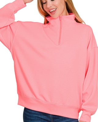Zenana Scuba Half Zip Pullover with Pockets Bright Pink