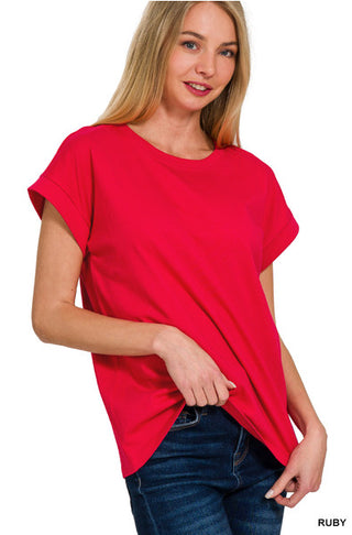 Zenana Cotton Folded Sleeve T-Shirt Ruby