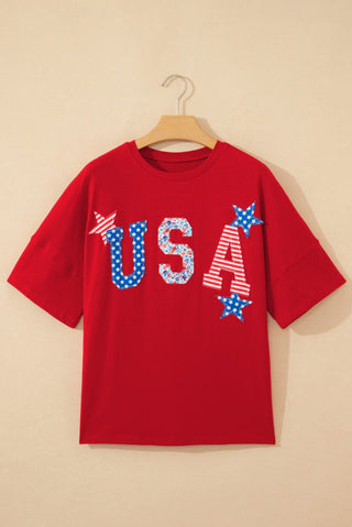 66 Disco USA Patriotic Star Patched Oversized Tee Red