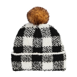 Mudpie Black & White Check Chenille Beanie
