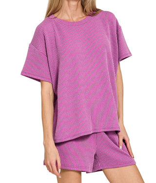 Zenana Ribbed Short Sleeve Tee & Shorts Set Light Plum 8544