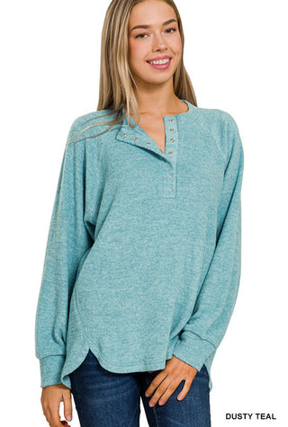 Zenana Brushed Hacci Oversized 7-Button Henley Sweater Dusty Teal