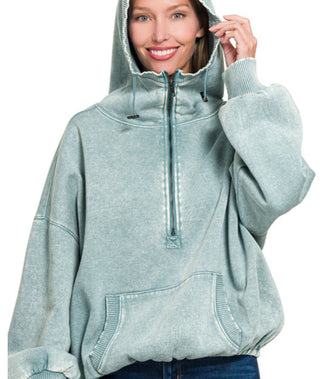Zenana Fleece Drawstring Hem Half Zip Kangaroo Hoodie Ash Blue
