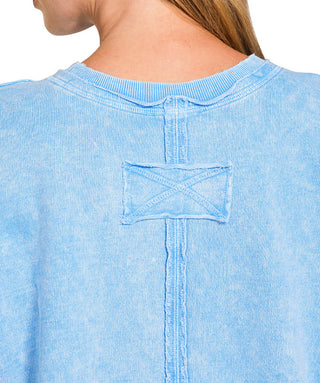 Zenana Halo Washed French Terry Exposed Seam Sweatshirt Sky Blue