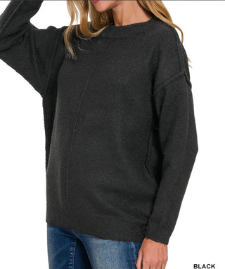 Zenana Melange Front Seam Round Neck Sweater Black