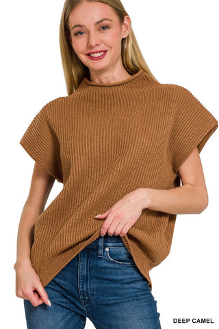 Zenana Power Shoulder Mock Neck Sweater Deep Camel