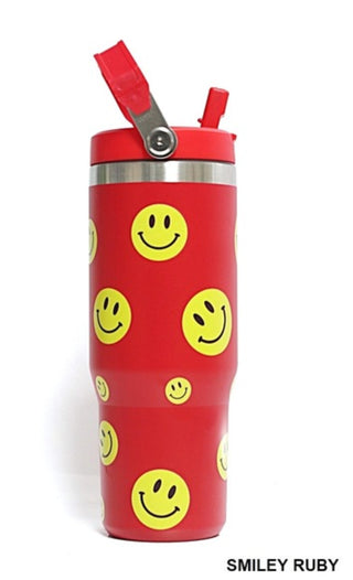 Stainless Steel Flip Straw Tumbler 30oz Smiley Ruby