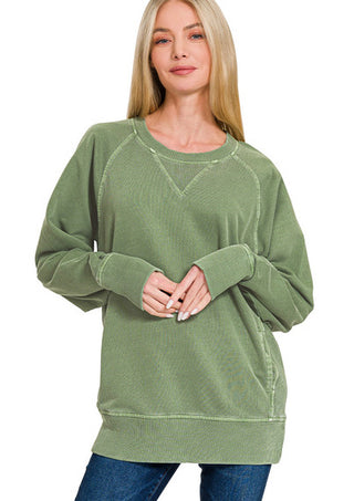 Zenana Pigment Dyed French Terry Pullover with Pockets Light Olive