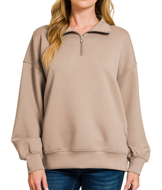 Zenana Scuba Half Zip Pullover with Pockets Cocoa