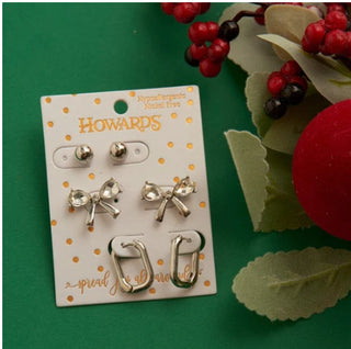 Howard's Holiday Silver Rhinestone Bow Earring Trio
