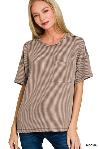 Zenana Raised Rib Exposed Seam Short Sleeve Top Mocha