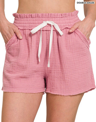 Zenana Double Elastic Band Linen Drawstring Waist Shorts Light Rose
