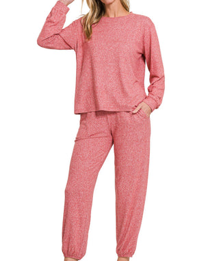 Zenana Hacci Long Sleeve Round Neck Tee & Jogger Set Dk Red