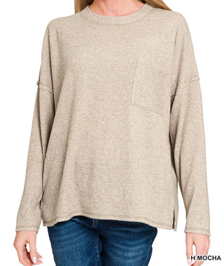 Zenana Ribbed Brushed Melange Hacci Sweater with Pocket H Mocha