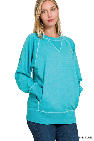 Zenana Pigment Dyed French Terry Pullover with Pockets Ice Blue