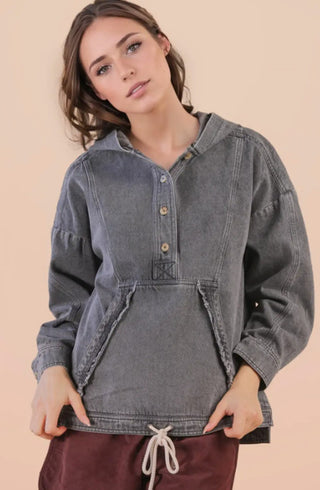 Very J Washed Demin Casual Hooded Pullover Top Black