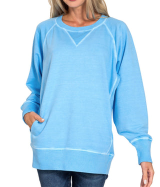Zenana Pigment Dyed French Terry Pullover with Pockets Deep Sky