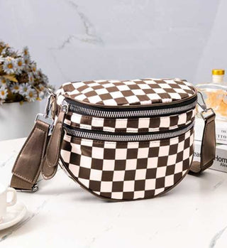 Zenana Double Zip Crescent Sling Bum Bag Brown Checkered