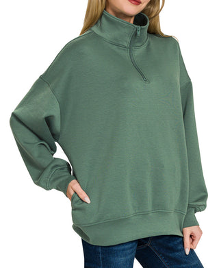 Zenana Scuba Half Zip Pullover with Pockets Dark Forest