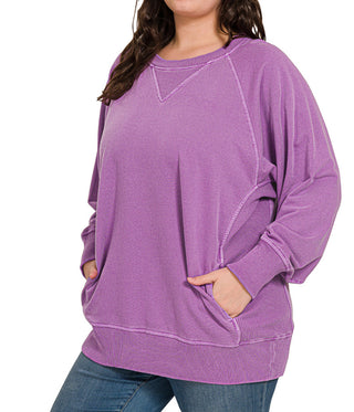 Zenana Pigment Dyed French Terry Pullover with Pockets Light Plum