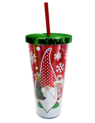 Christmas Gnome Foil Cup w/Straw