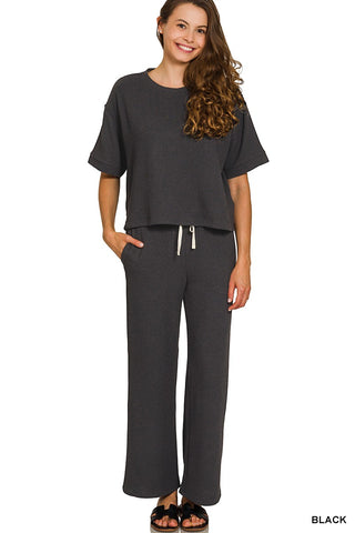 Zenana Ribbed Short Sleeve Tee & Pant Set Black