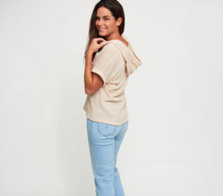 Elsie & Zoey Carlie Waffle Knit Short Sleeve Hoodie Sandstone