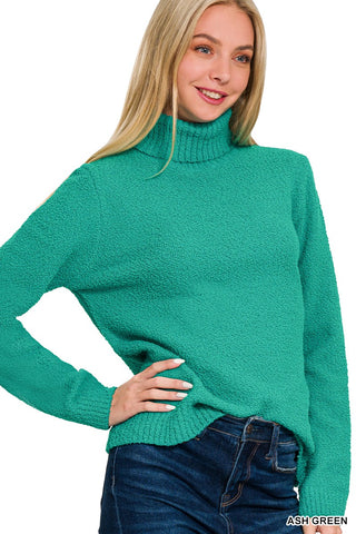 Zenana Turtle-Neck Long Sleeve Sweater Ash Green