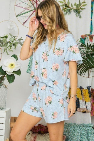 Adora V Neck Top with Shorts Set Blue