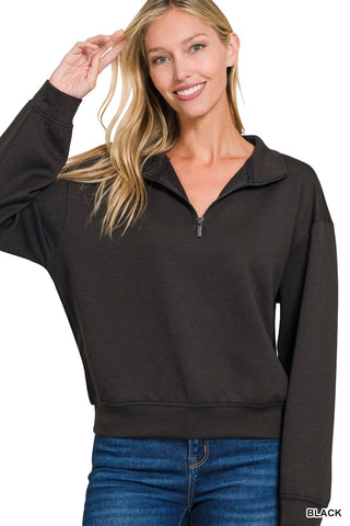 Zenana Scuba Half Zip Pullover Sweatshirt Black