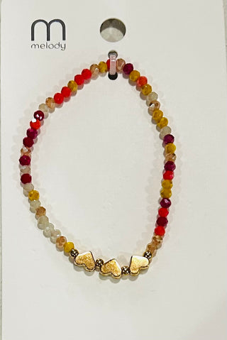 Love and Repeat Triple Gold Heart Charm Beaded Bracelet Red