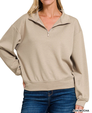 Zenana Scuba Half Zip Pullover Sweatshirt Ash Mocha