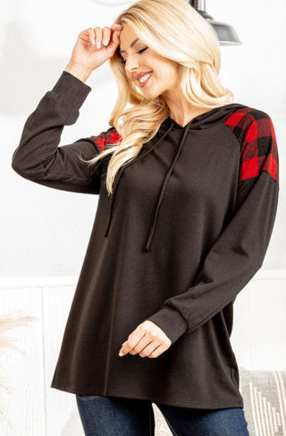 Solid And Plaid Hooded Top